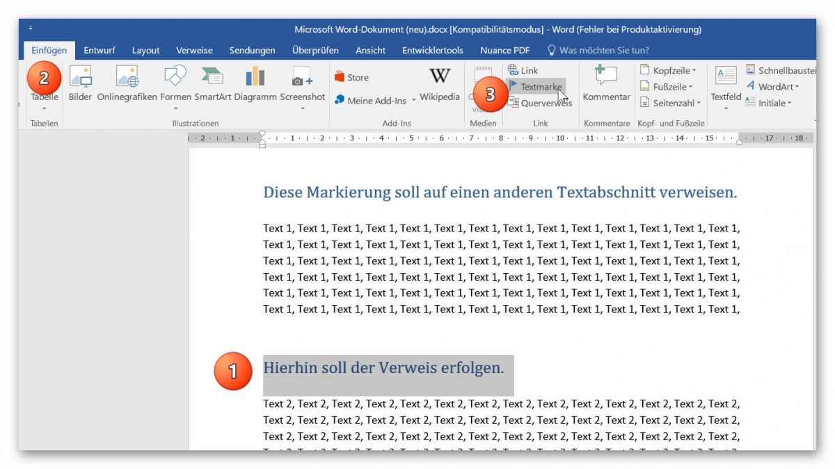 So setzen Sie Textmarken in Word 2016 und Navigieren per Mausklick
