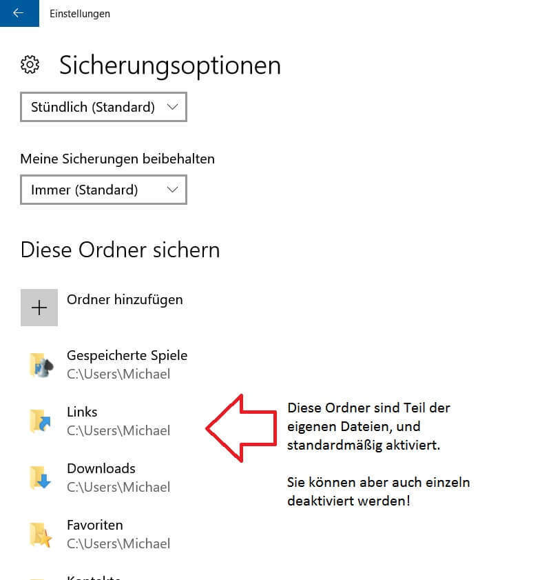 Windows 10 Sicherungsoptionen festlegen