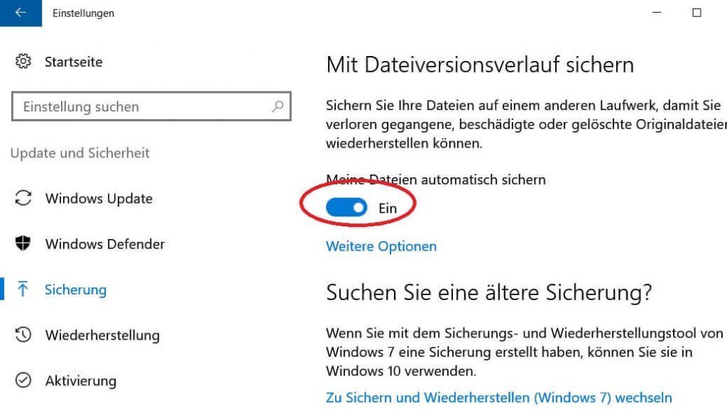 Dateisicherung in Windows 10 einschalten