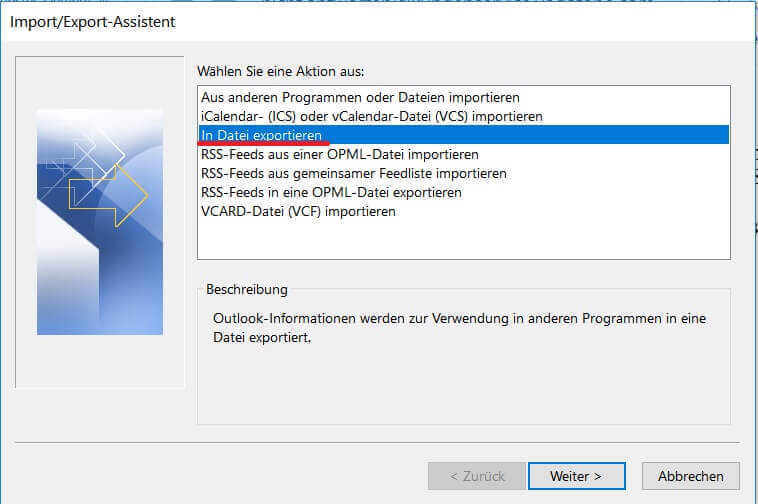 Import Export Assistent in Outlook