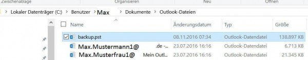 Speicherort für Dateisicherung in Outlook
