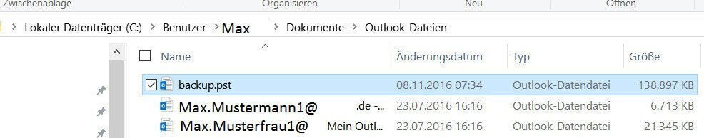 Speicherort für Dateisicherung in Outlook