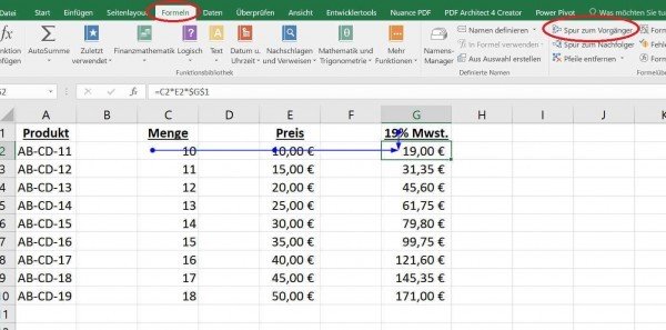 Spur zum Vorgänger in Excel