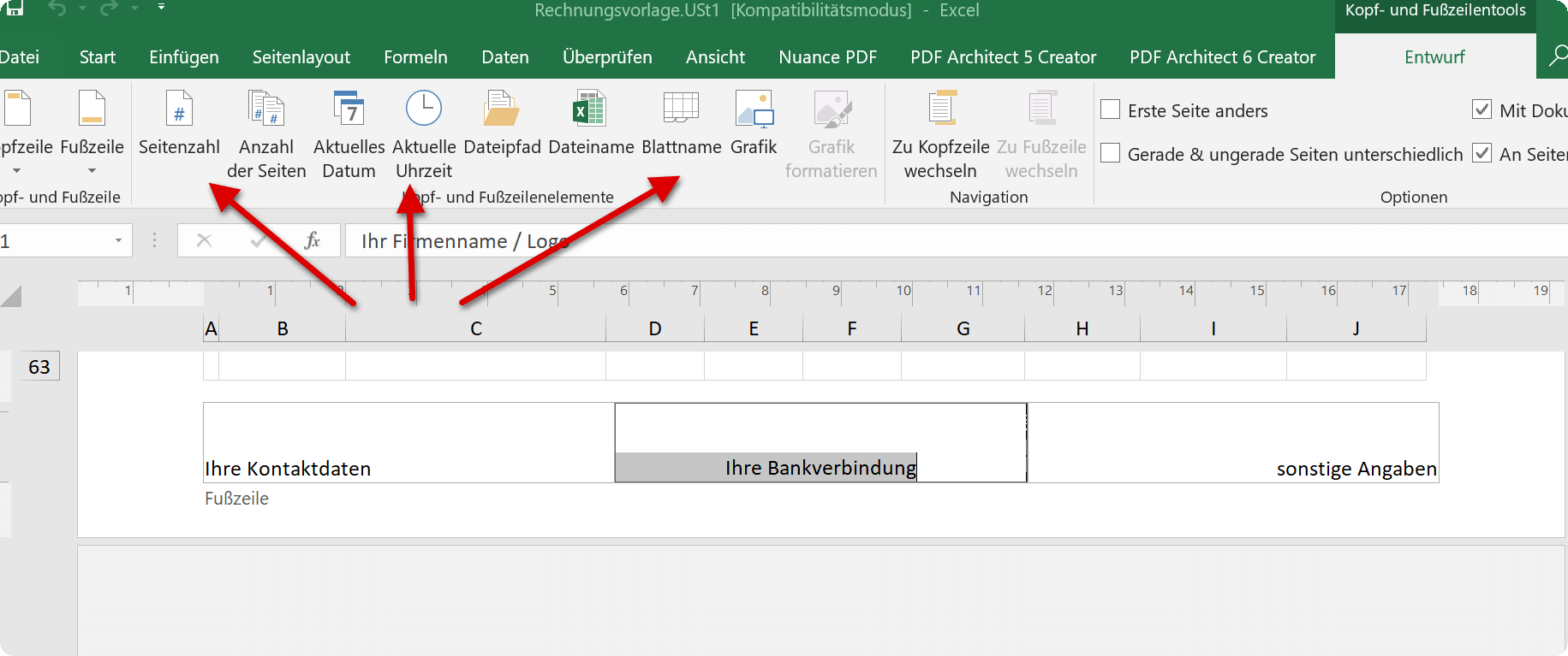 Elemente in Kopfzeile in Excel hinzufügen