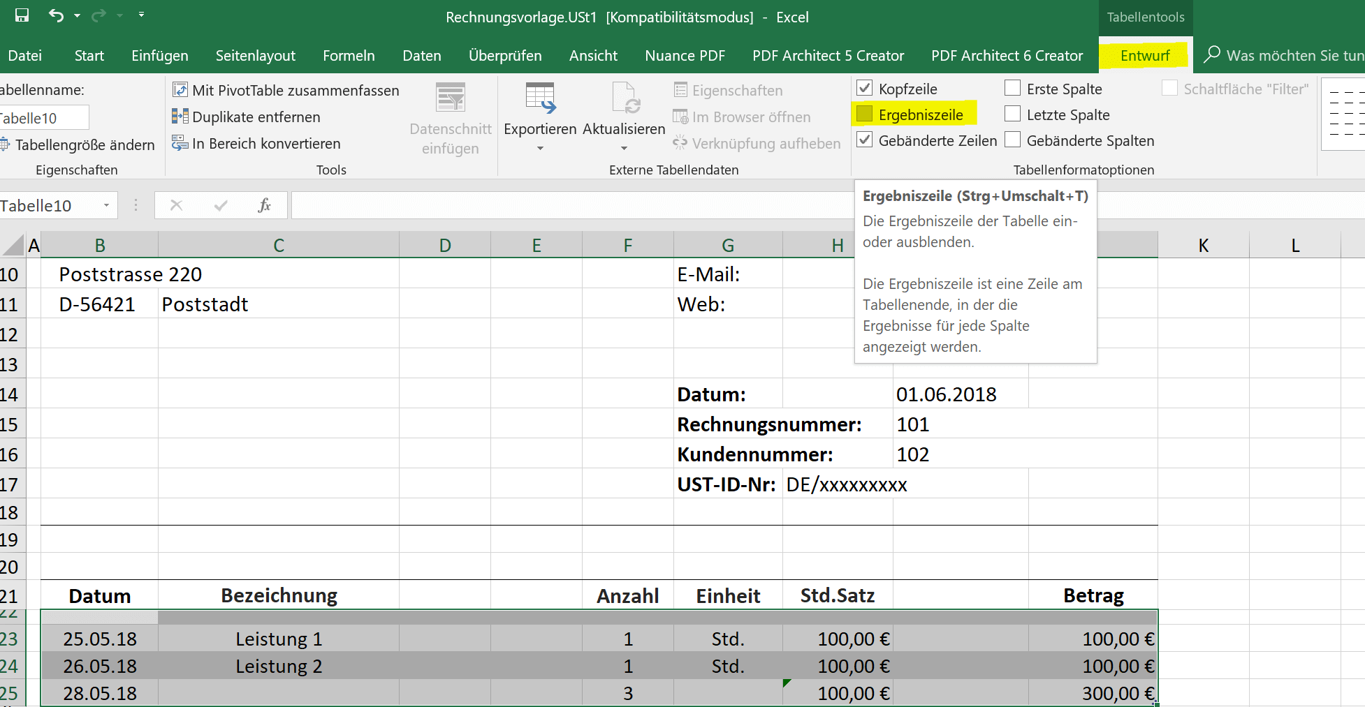 Excel Dynamische Tabelle Ergebniszeile