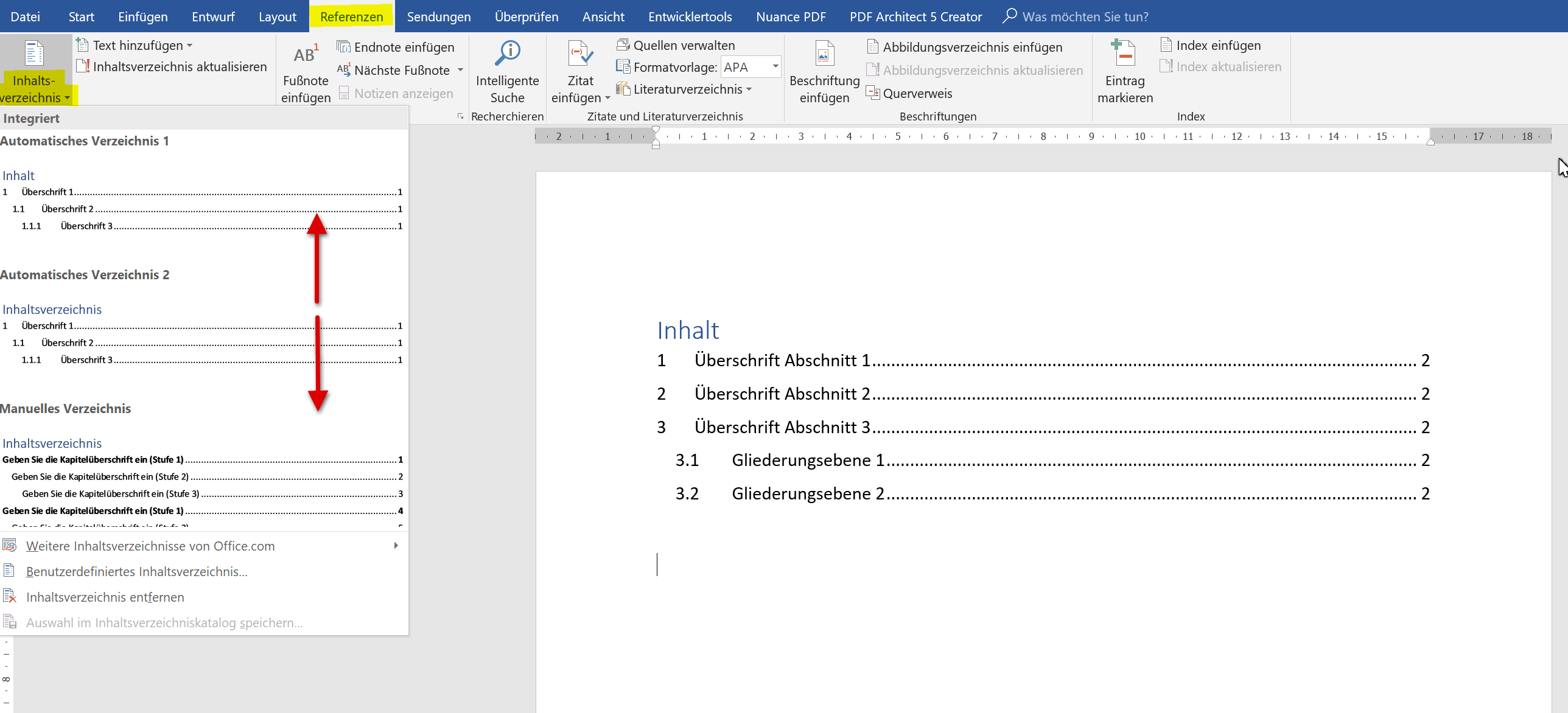 word 2016 table of contents options checkbox