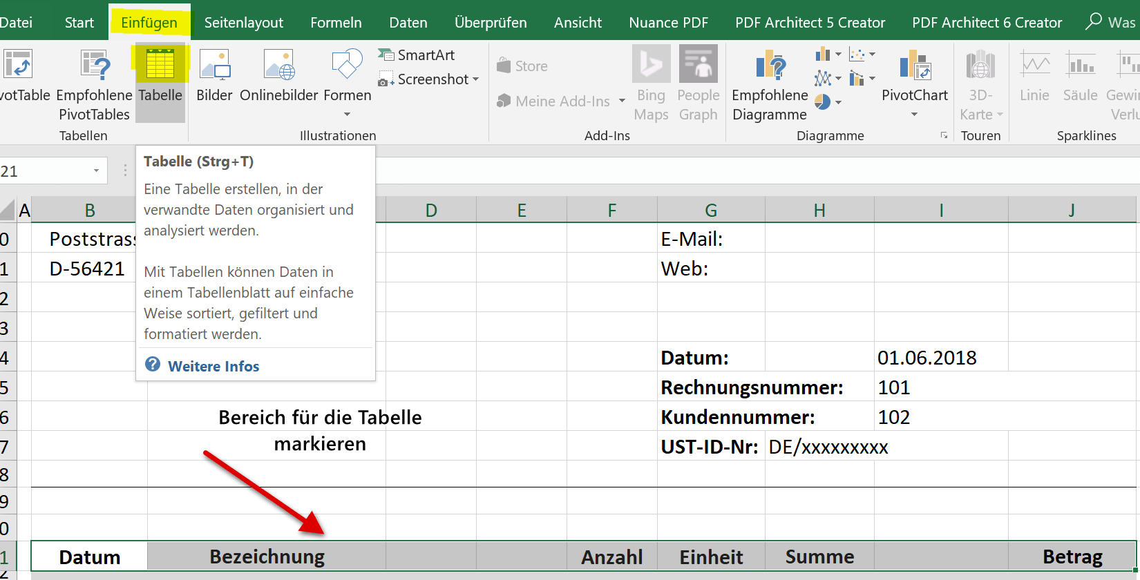 Markierung Dynamische Excel Tabelle