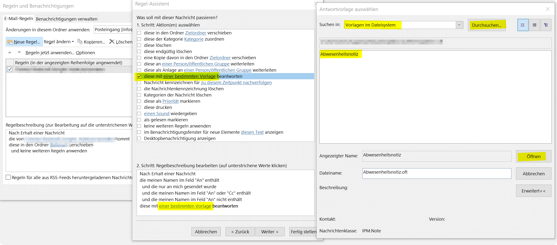 Outlook Regel Assistent - Antwortvorlage auswählen