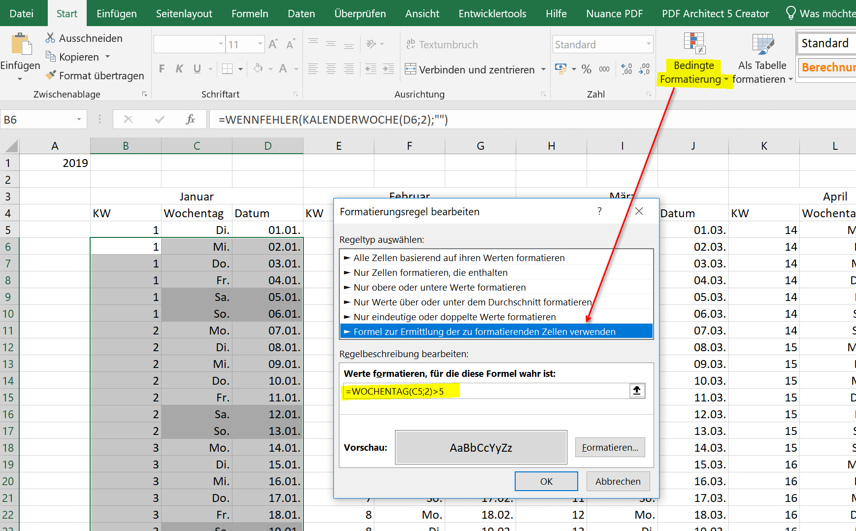 Excel Kalender 2019 Bedingte Formatierung