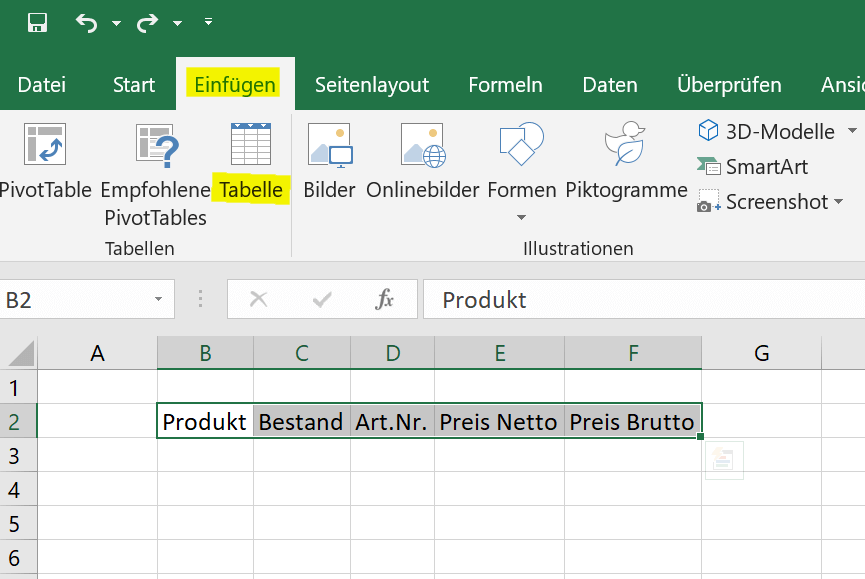 Dynamische Tabelle in Excel einfuegen