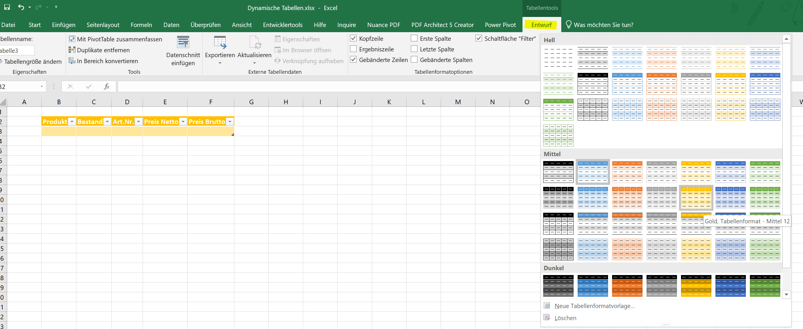 Dynamische Tabelle in Excel Layout