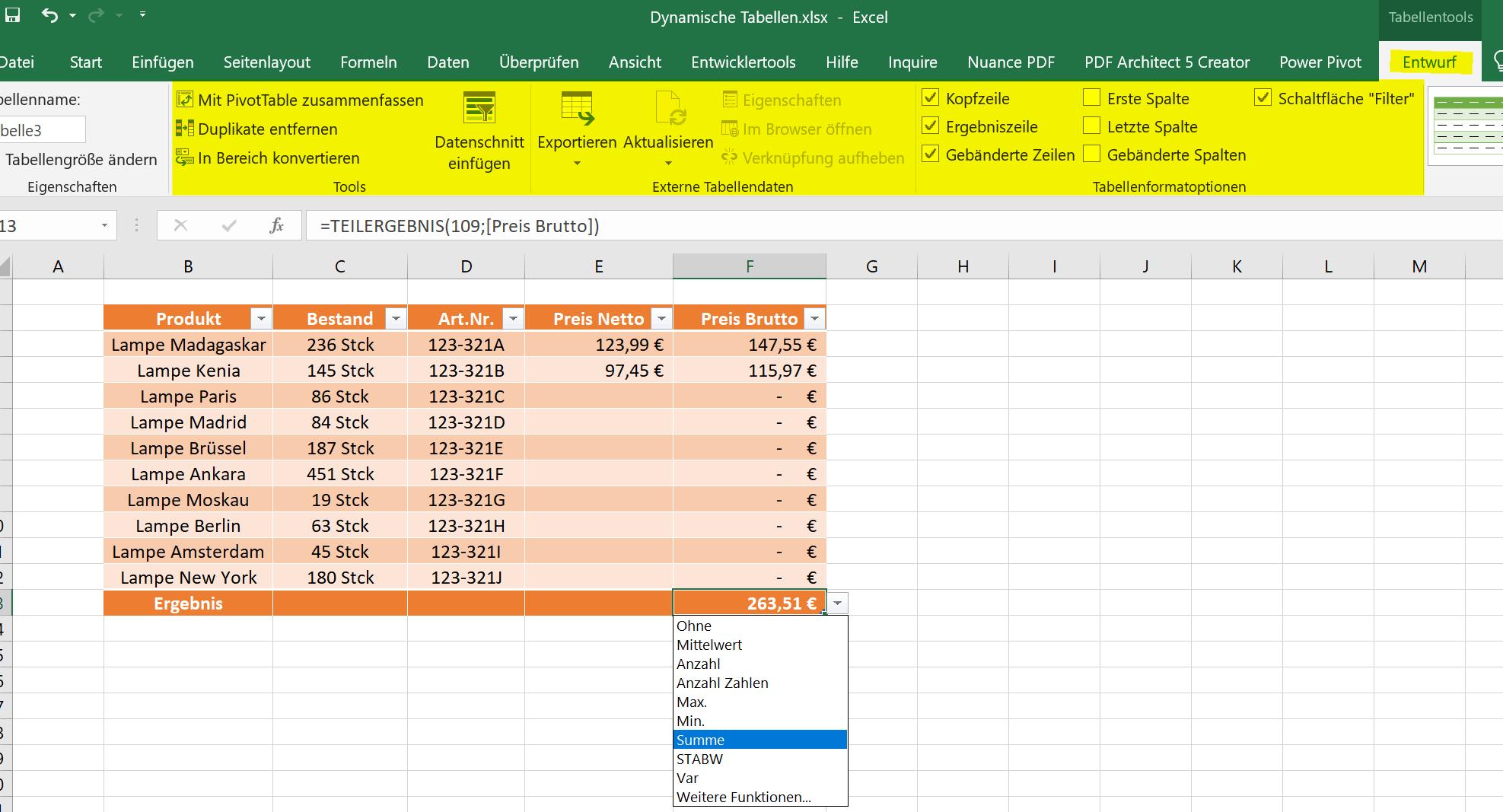 Funktionen in dynamischen Tabellen in Excel