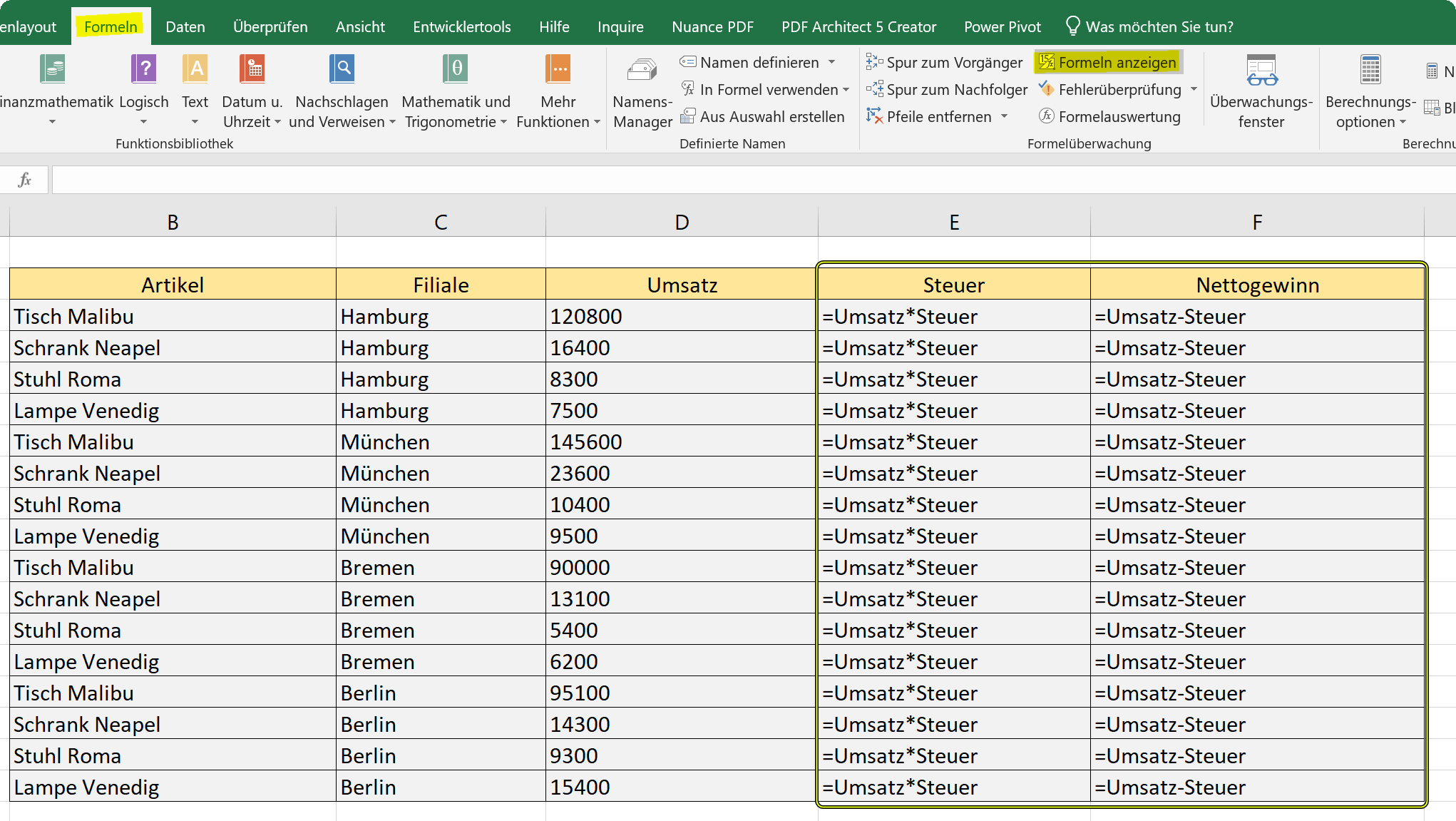 Display formulas in Excel