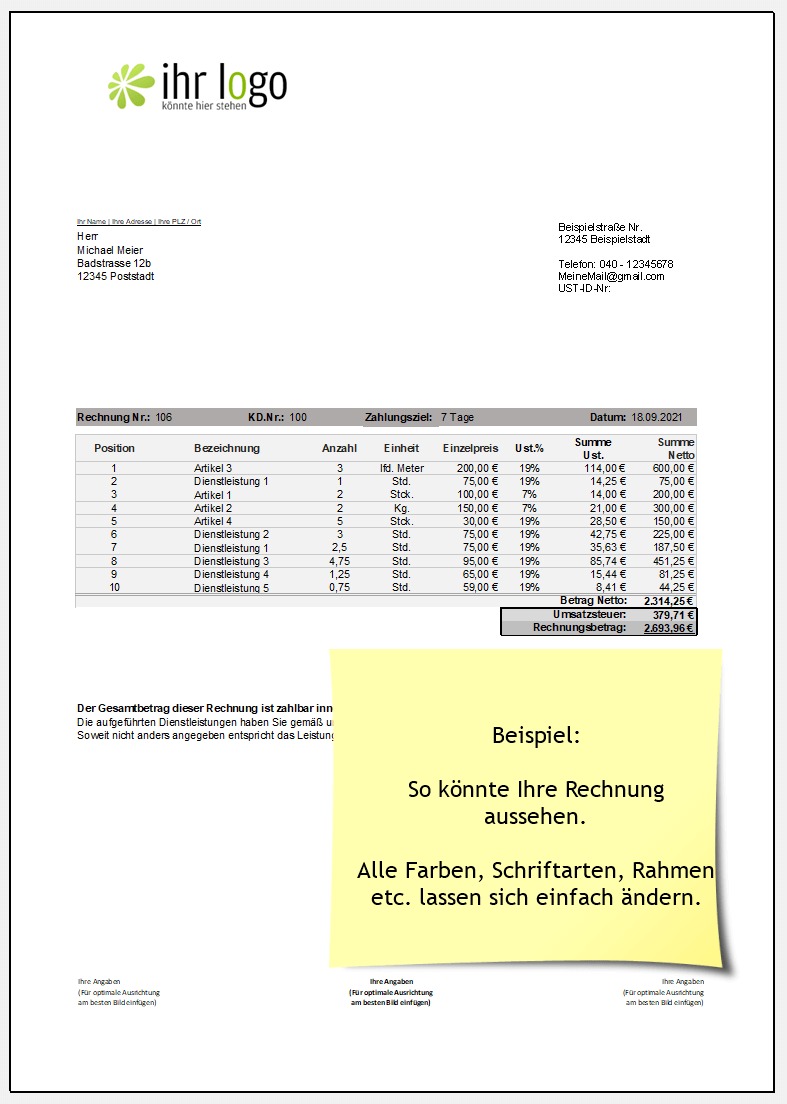 Beispielbild Rechnungsvorlage mit Steuerausweis