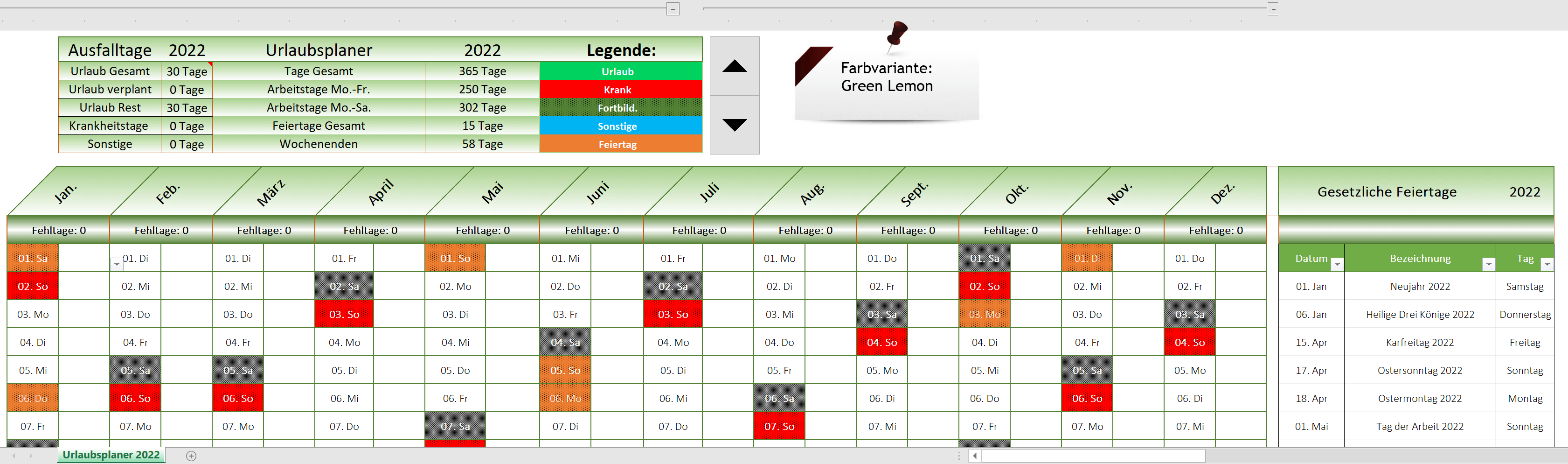 Excel Urlaubsplaner - Green Lemon 1.2