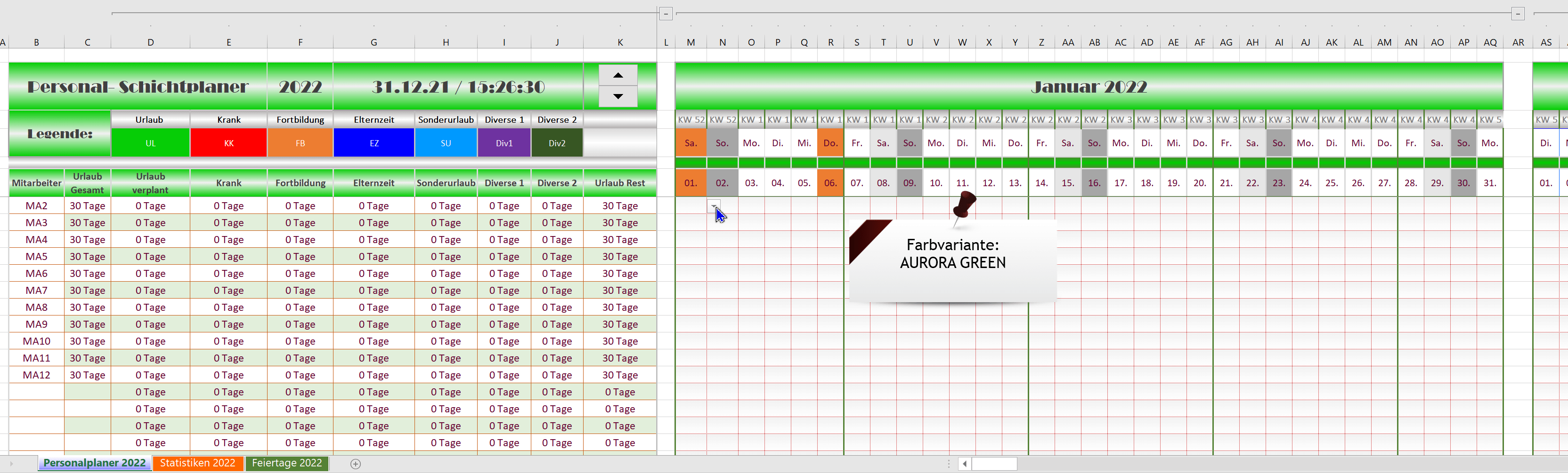 Excel Schichtplaner-Personalplaner 2022 - AURORA GREEN 1.3