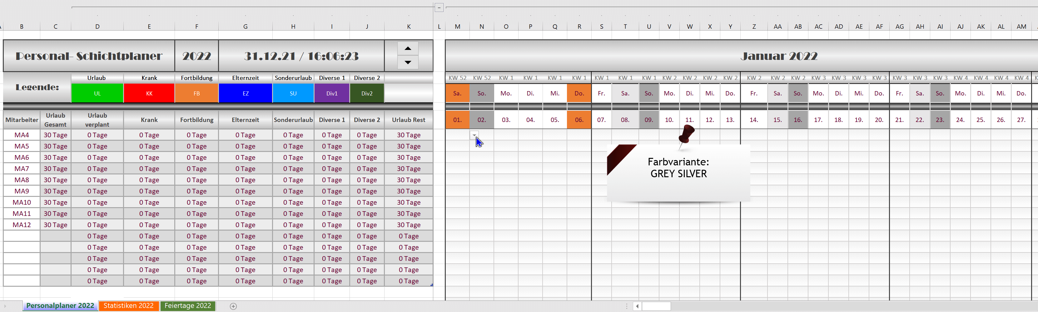 Excel Schichtplaner-Personalplaner 2022 - GREY SILVER 1.3