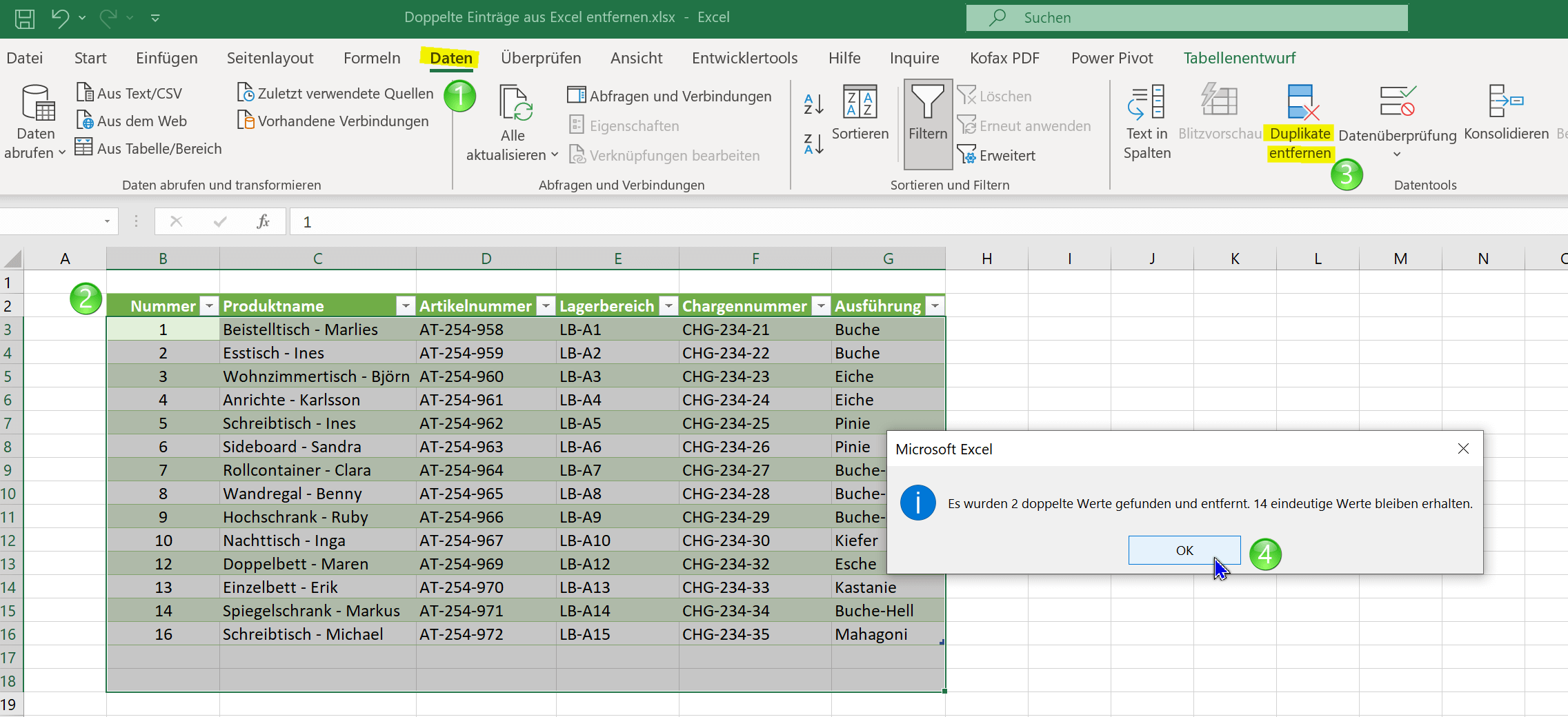 Doppelte Eintraege in Excel entfernen