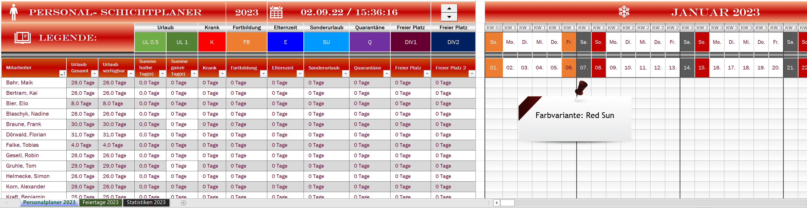 Excel Personalplaner 2023-Variante-Red Sun