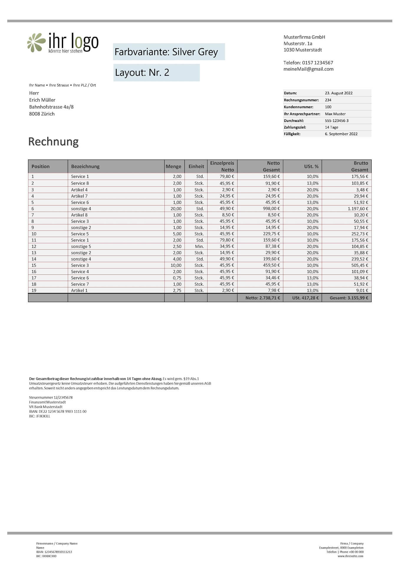 Rechnungsvorlage Oesterreich - Silver Grey - Layout2