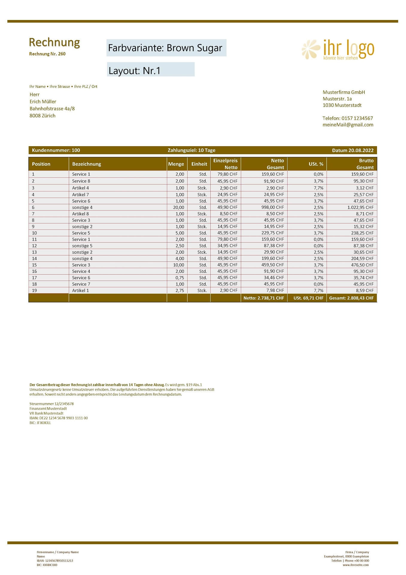 Rechnungsvorlage Schweiz - Farbe: Brown Sugar - Layout Nr.1