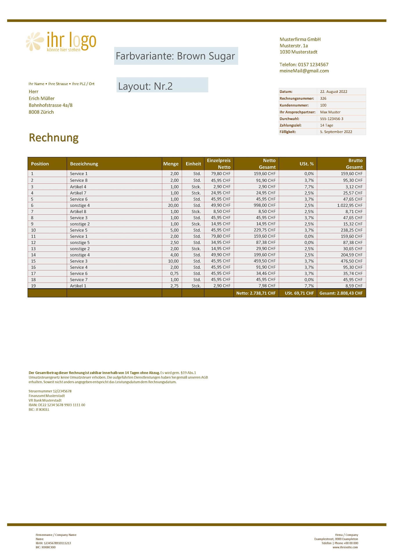 Rechnungsvorlage Schweiz - Farbe: Brown Sugar - Layout Nr.2