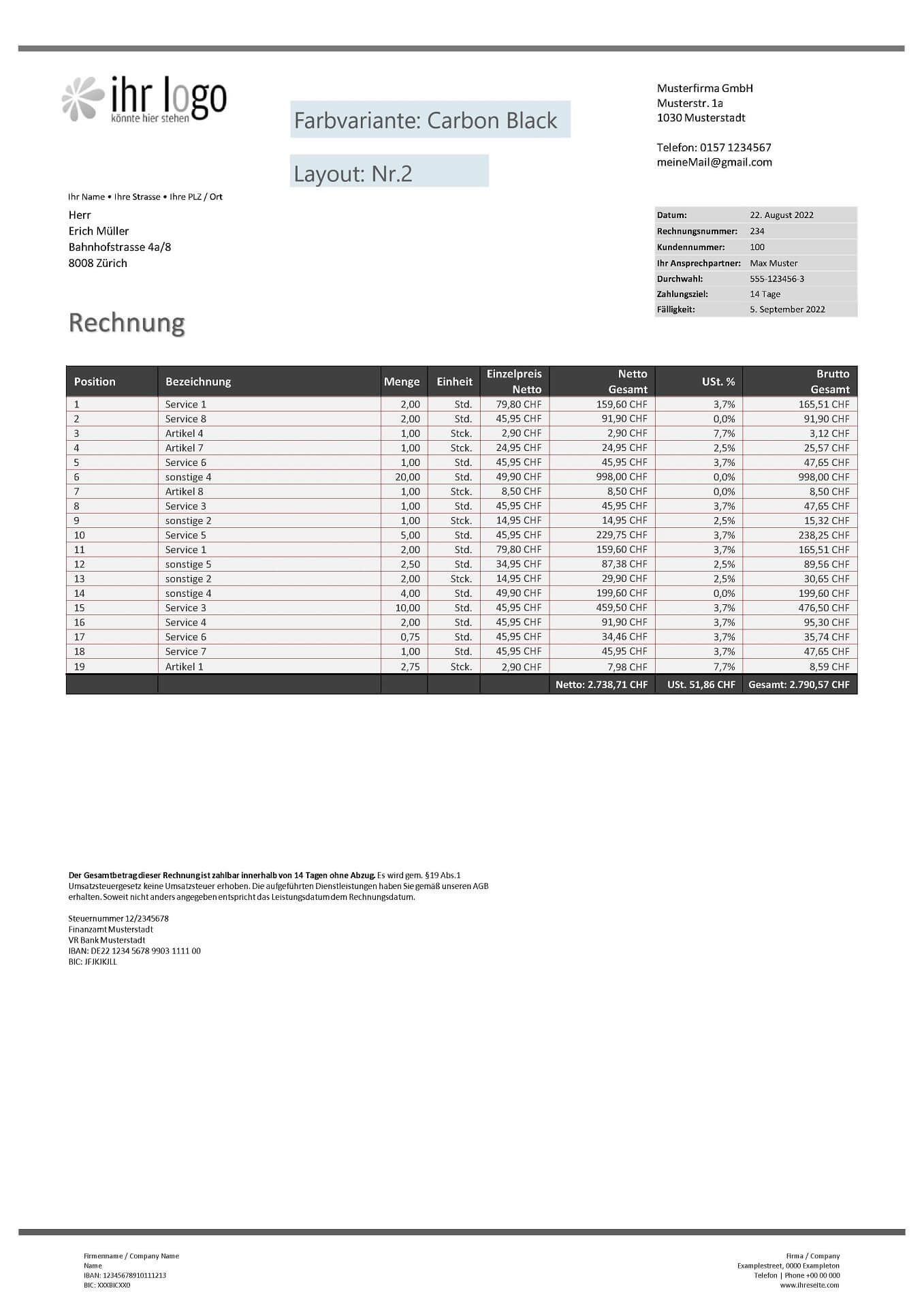 Rechnungsvorlage Schweiz - Farbe: Carbon Black - Layout Nr.2