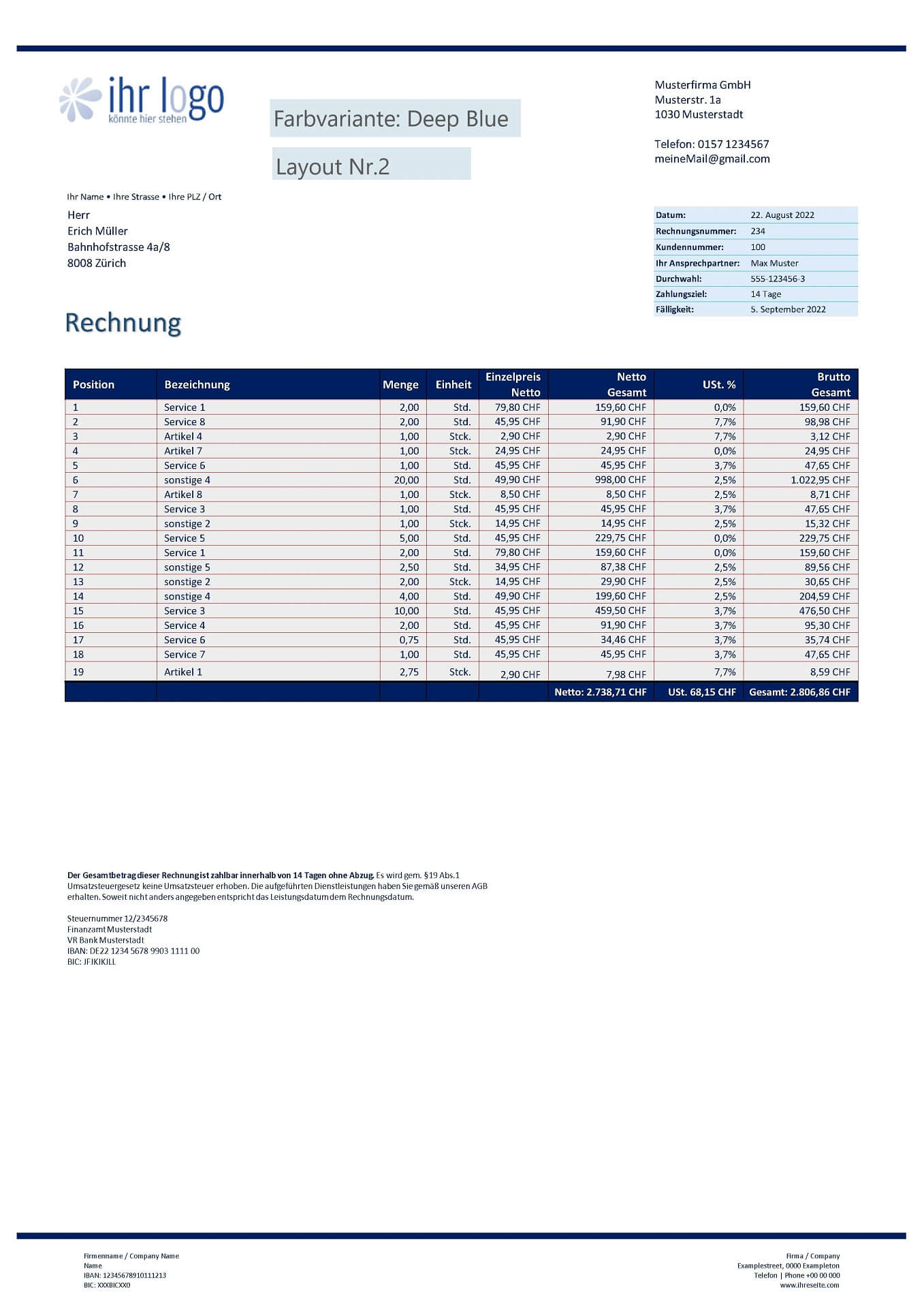 Rechnungsvorlage Schweiz - Farbe: Deep Blue - Layout Nr.2