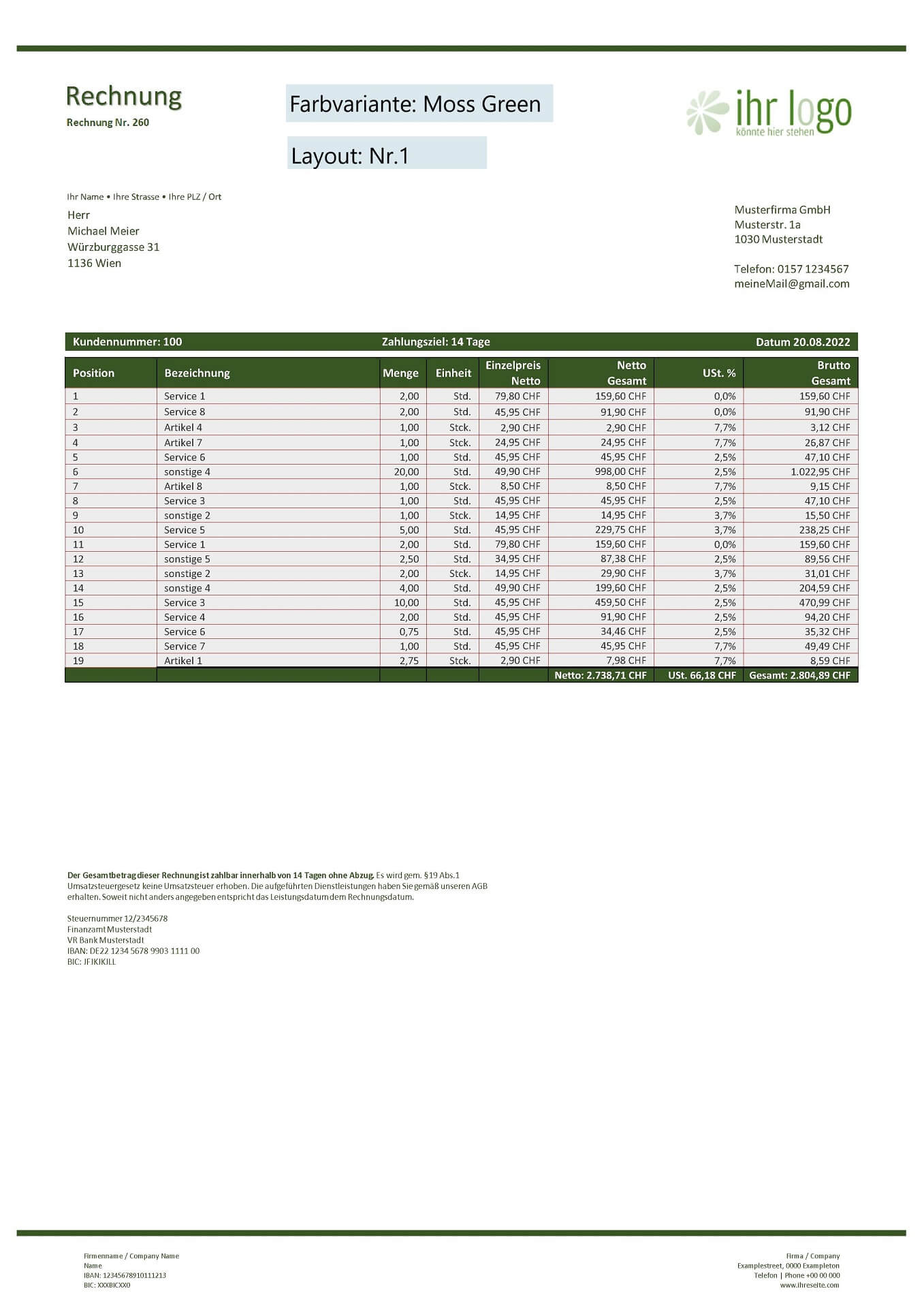 Rechnungsvorlage Schweiz - Farbe: Moss Green - Layout Nr.1