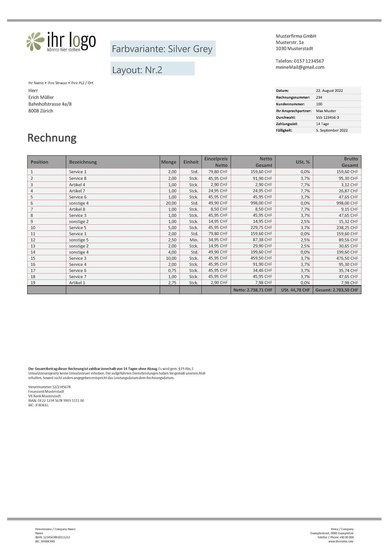 Rechnungsvorlage Schweiz - Farbe: Silver Grey - Layout Nr.2
