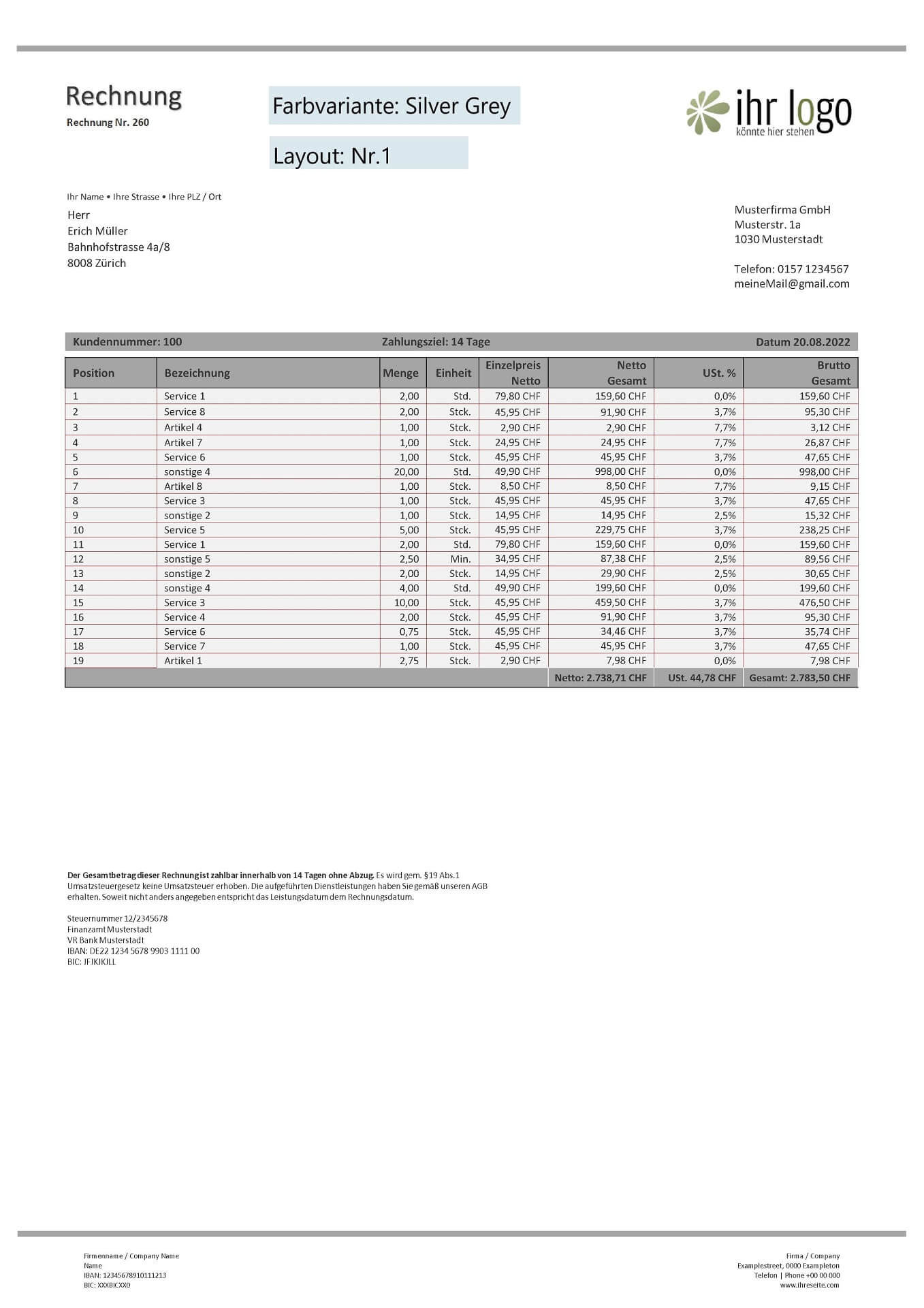 Rechnungsvorlage Schweiz - Farbe: Silver Grey - Layout Nr.1