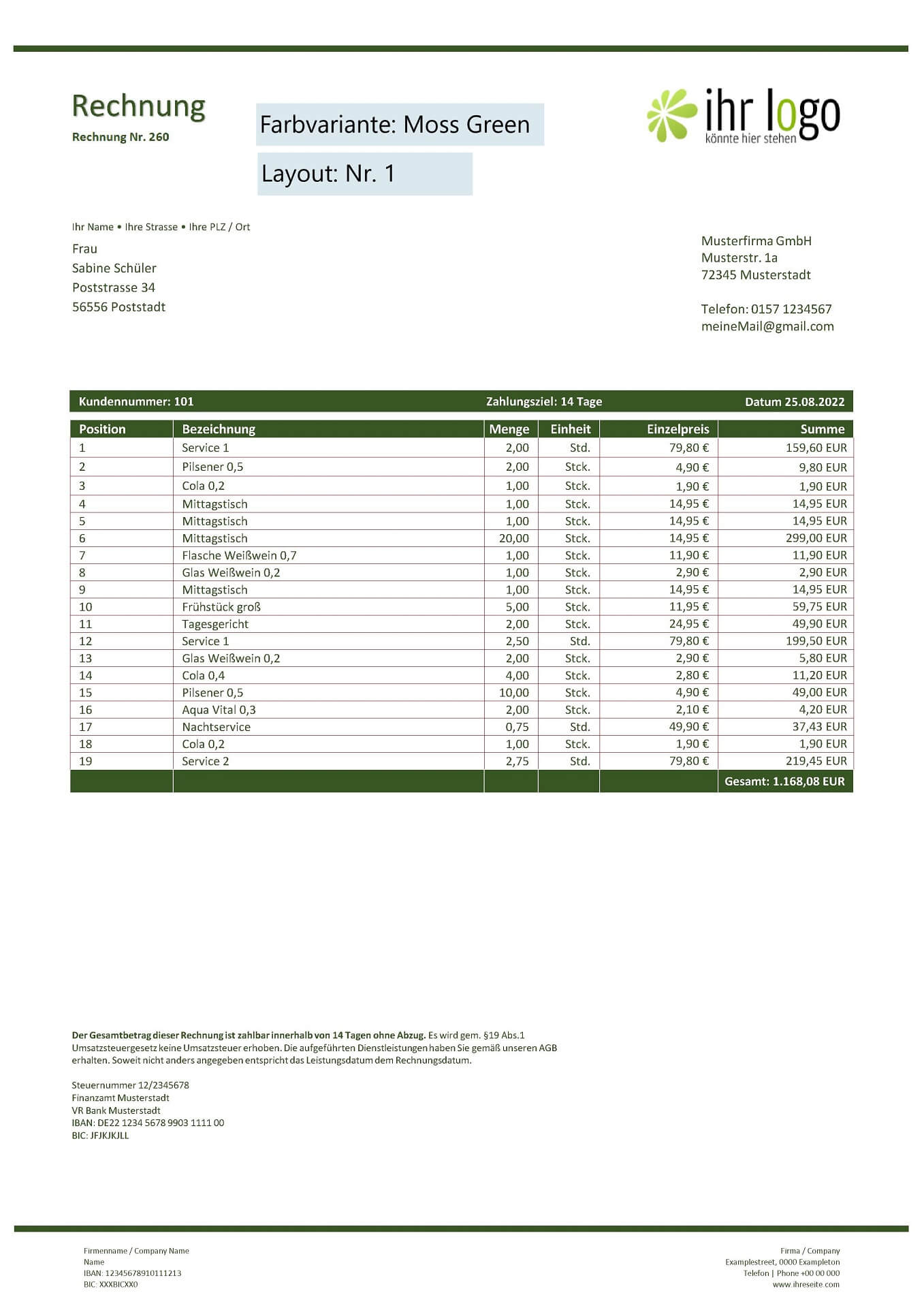 Kleinunternehmer Rechnungsvorlage Farbe: Moss Green | Layout Nr. 1