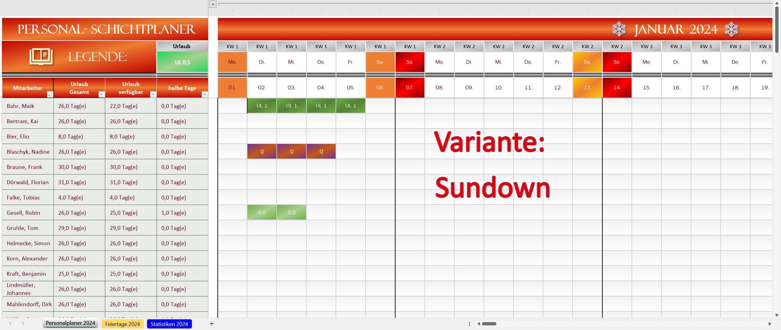 Excel Personalplaner 2024 - Sundown Abb.2