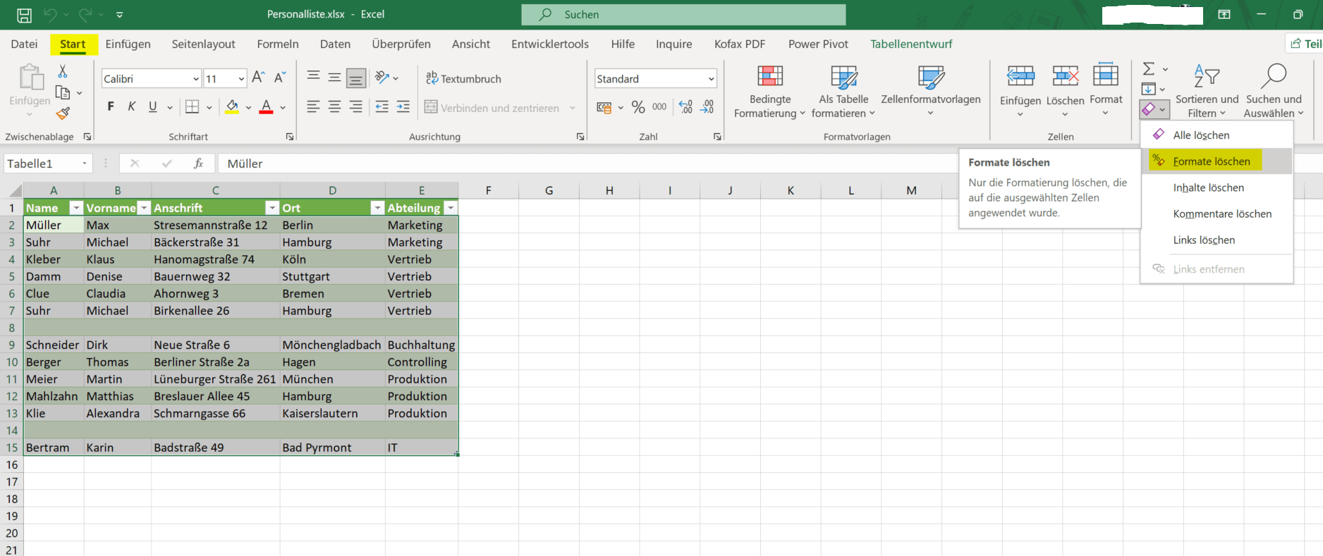Excel Formatierung entfernen Option 2
