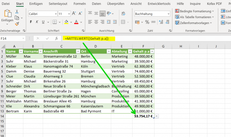 Funktion MITTELWERT in Excel
