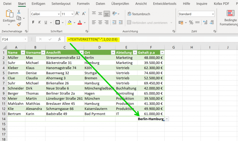 Funktion TEXTVERKETTEN in Excel
