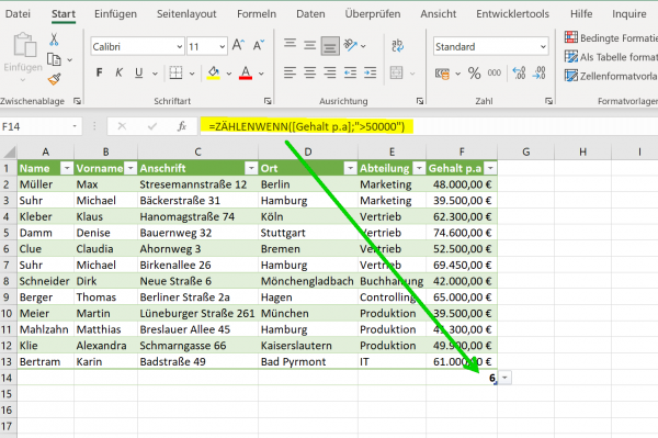 Funktion ZAEHLENWENN in Excel