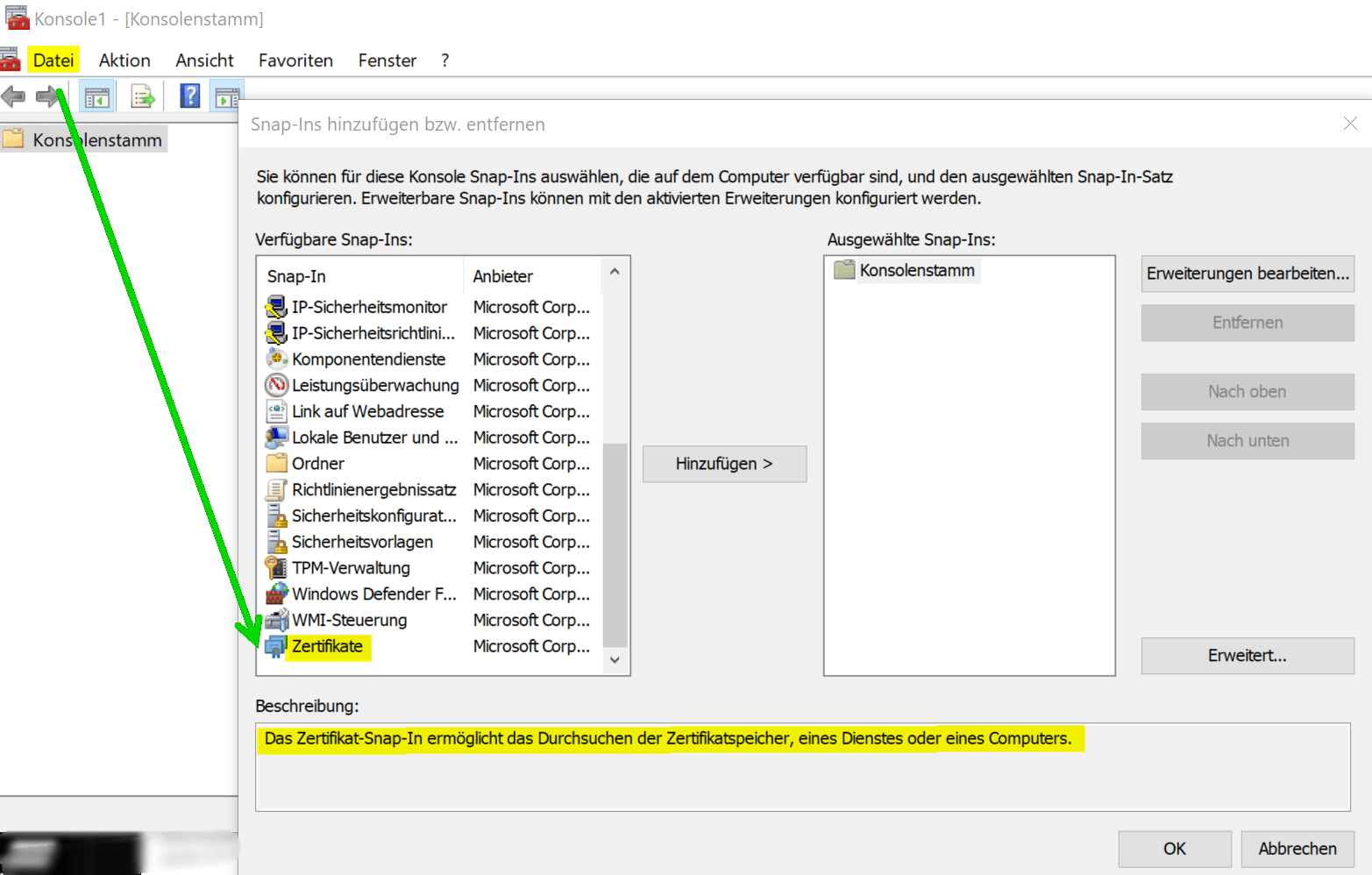 Windows Zertifikate hinzufügen