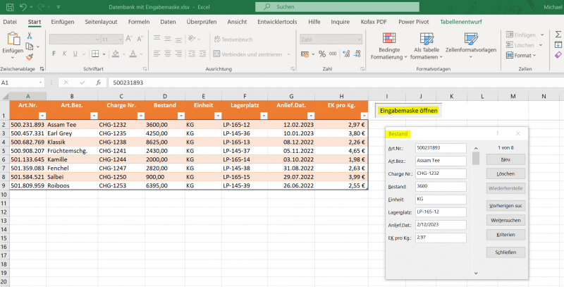 Eingabemaske mit Suche in Excel